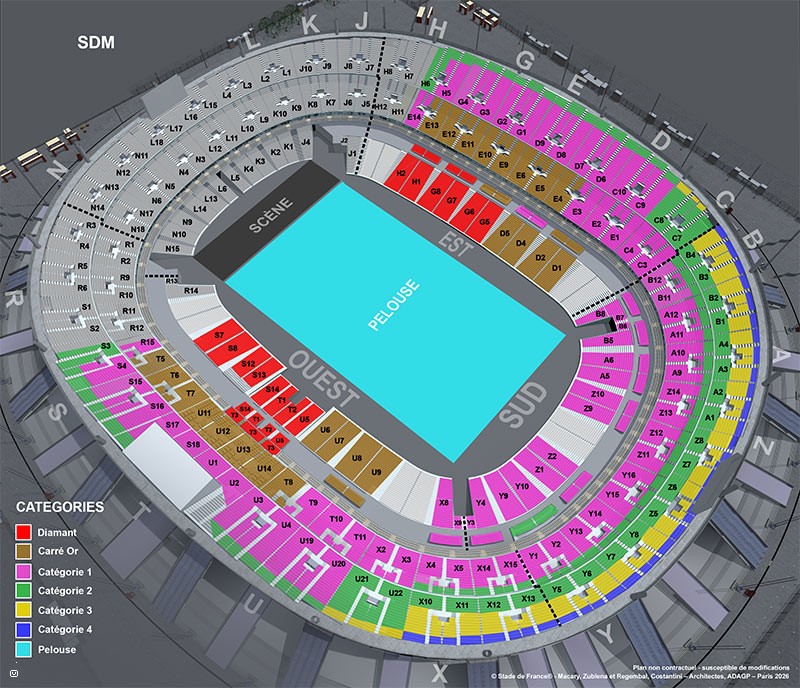 Plan SDM au Stade de France : Diamant rouge, Carré Or doré, catégorie 1 rose, catégorie 2 verte, catégorie 3 jaune, catégorie 4 bleue, pelouse turquoise